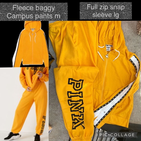 VS PINK FLEECE BAGGY CAMPUS PANT FULL ZIP SNAP SLEEVE HOODIE M LG - Picture 10 of 15